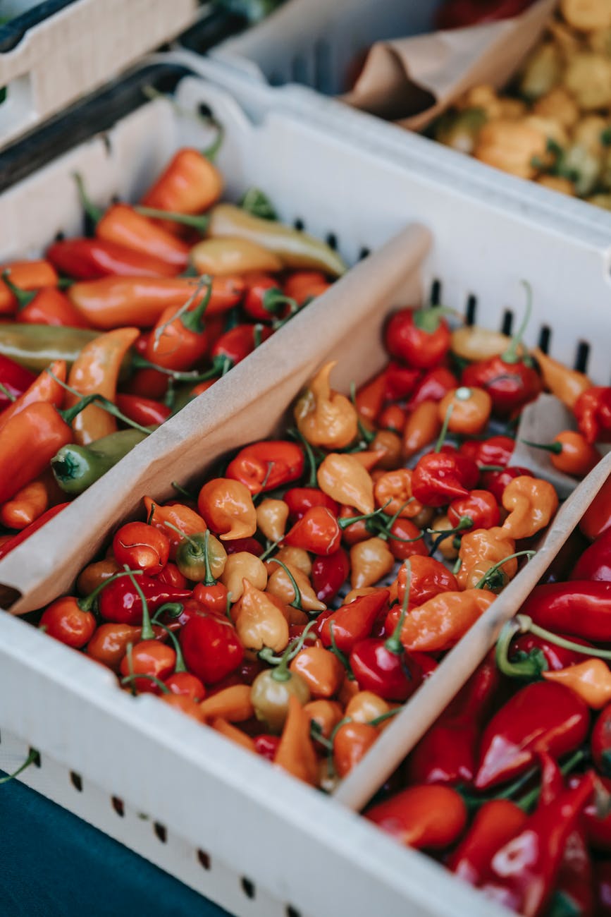 stall with ripe capsicums in supermarket