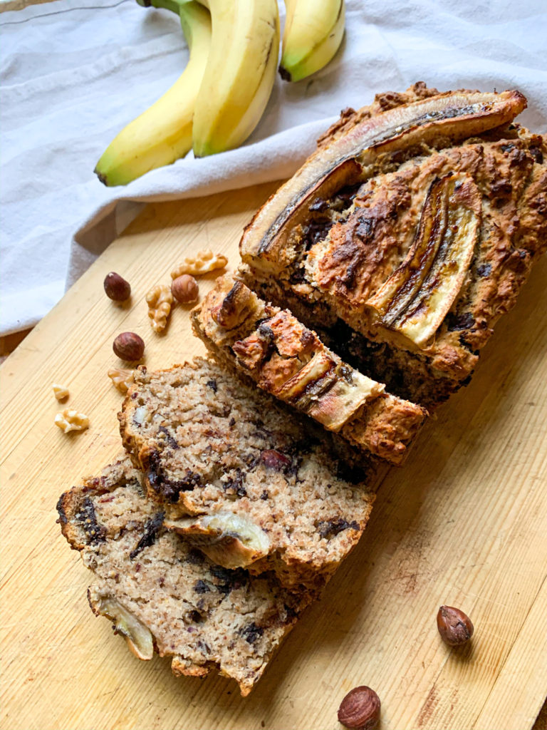 vegan banana bread, with chocolate chips and nuts
