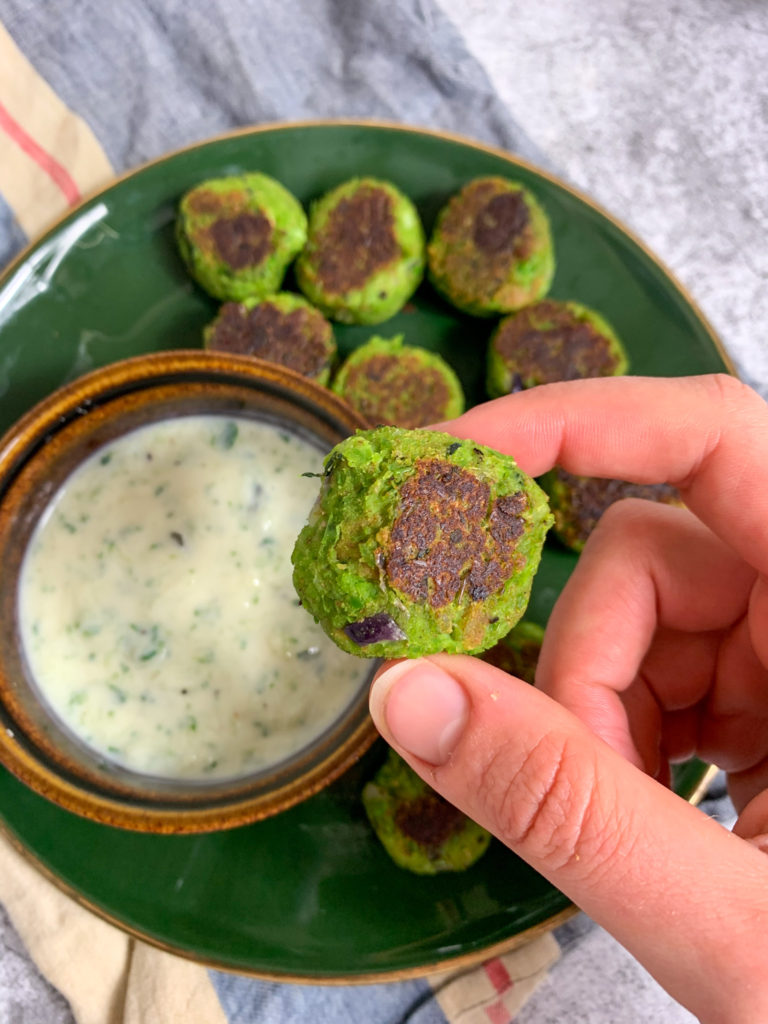 Green Peas Balls with a vegan tzatziki dip