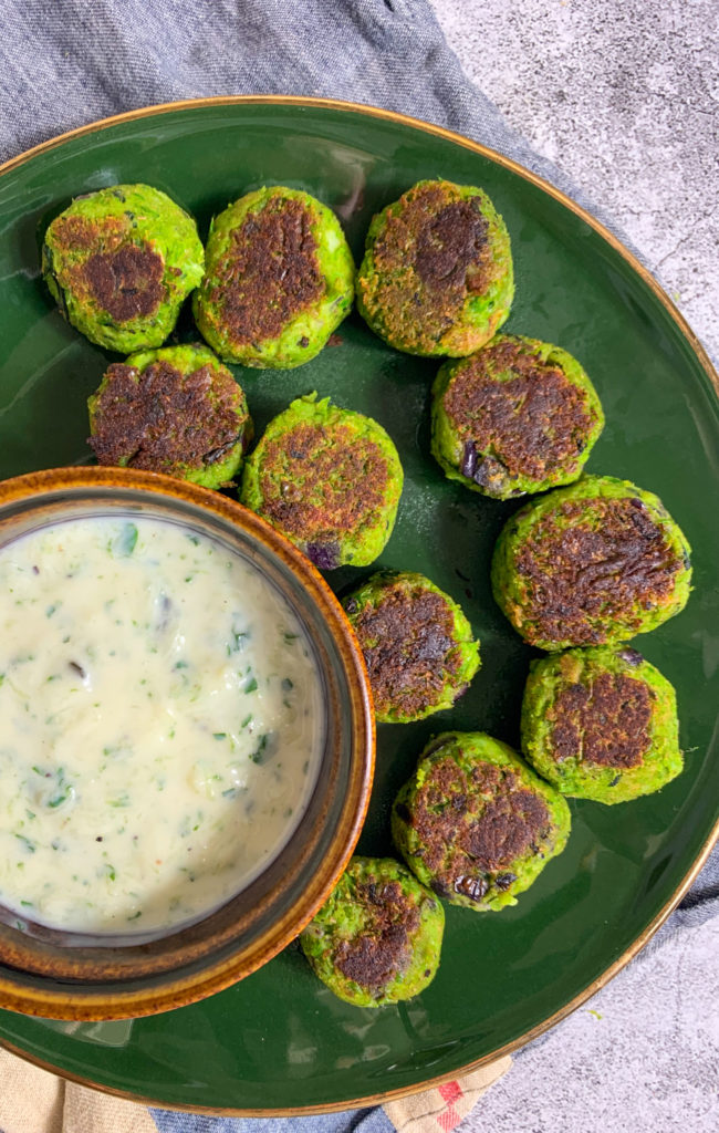 Green Peas Balls with a vegan tzatziki dip