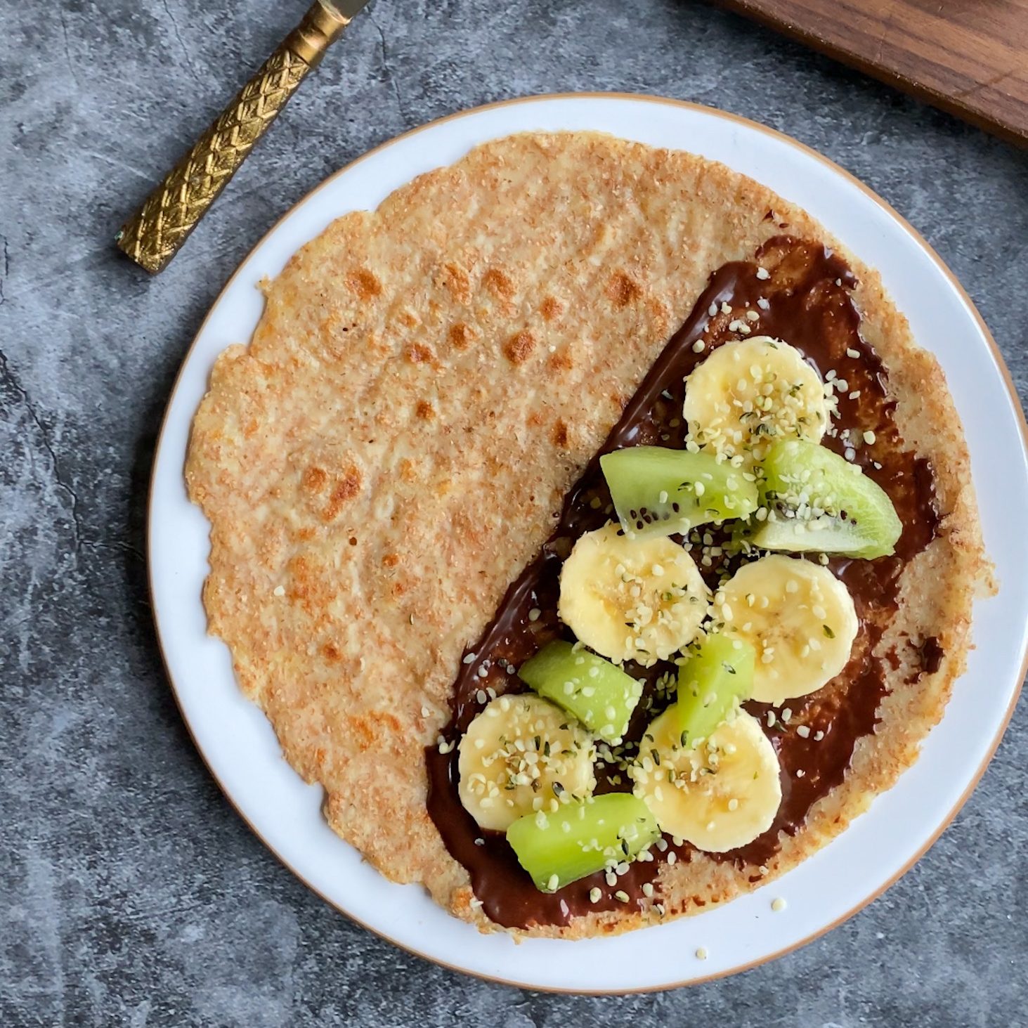 Easy Vegan Whole Wheat Crêpes (Oil-free), with chocolate spread, banana, kiwi, hemp seeds