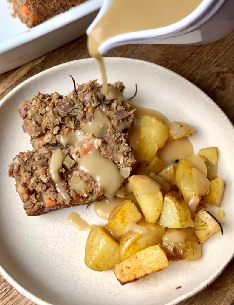 Vegan lentil walnut loaf with gravy