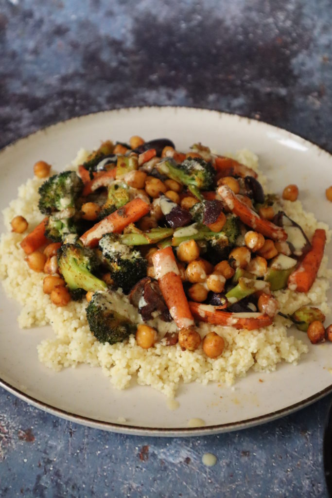 Roasted Vegetable Couscous With Tahini Dressing
