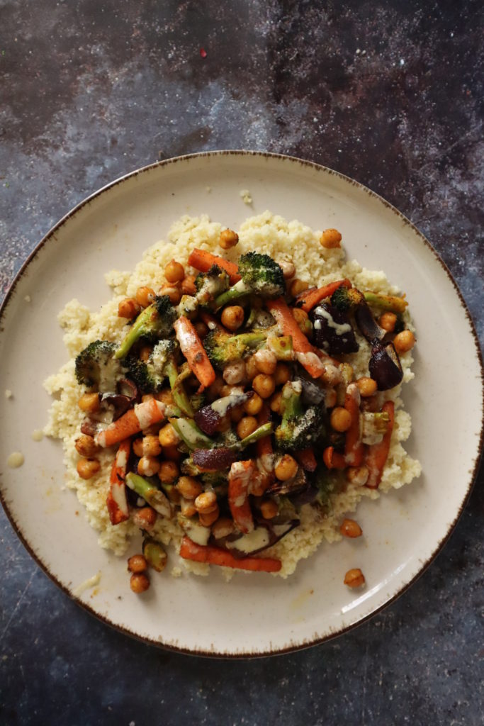 Roasted Vegetable Couscous With Tahini Dressing