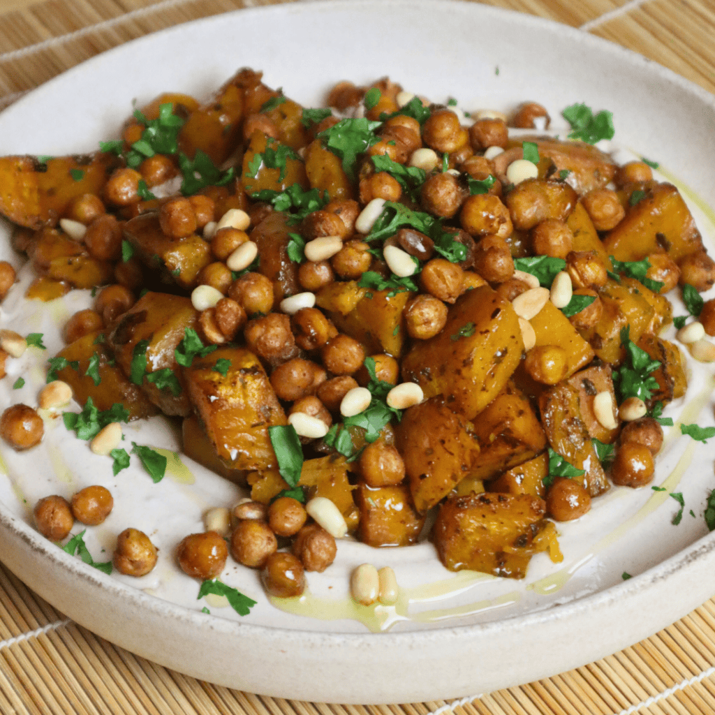 Roasted Pumpkin And Chickpeas With Tahini Yogurt
