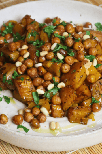Roasted Pumpkin And Chickpeas With Tahini Yogurt