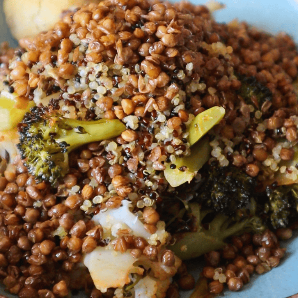 Roasted Broccoli Cauliflower Salad With Crispy Lentils and Quinoa