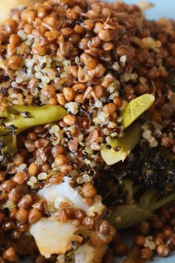 broccoli and cauliflower salad with crispy lentils and crispy quinoa