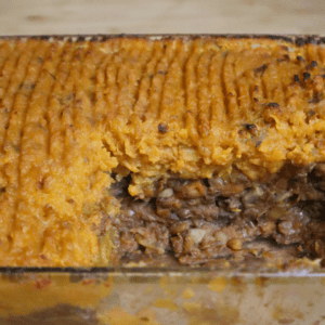 Vegan Lentil Mushroom Sheperds Pie With Sweet Potato Mash