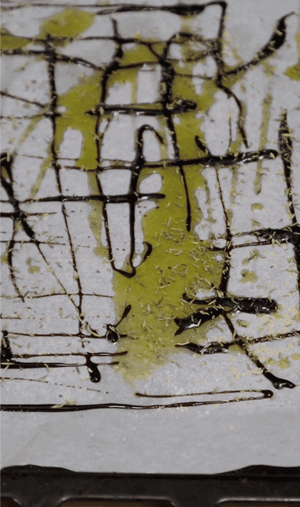 olive oil, balsamic, glaze, salt, sugar and thyme on baking paper