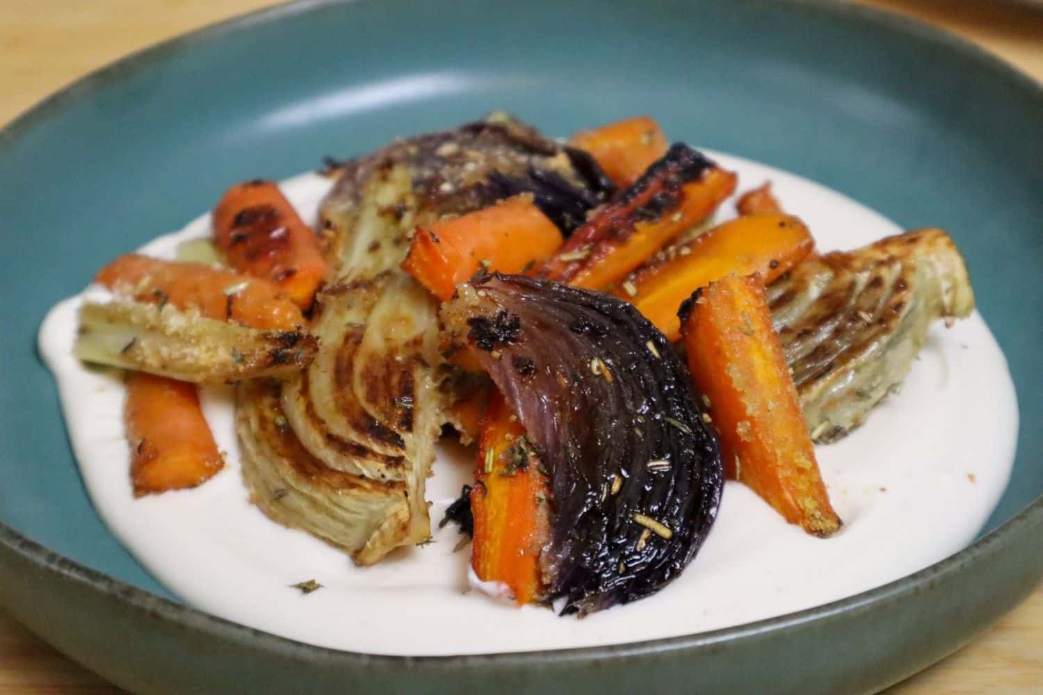 Roasted Fennel And Carrots on tahini yogurt base