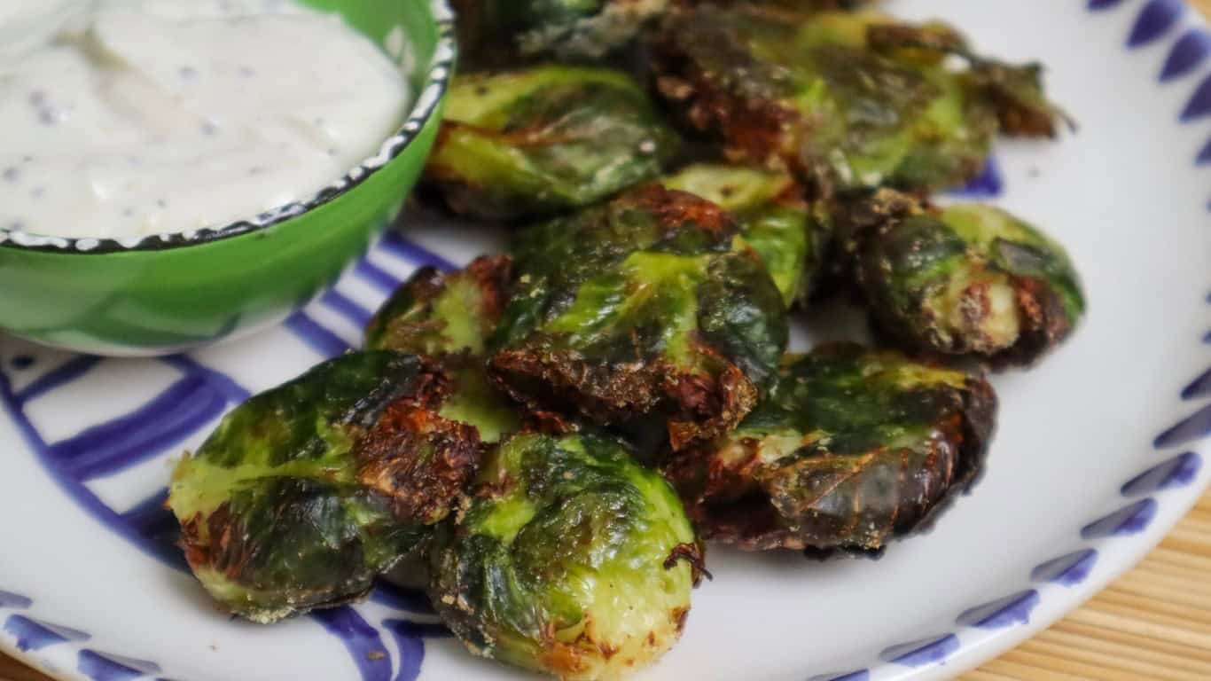 smashed brussel sprouts with yogurt dip